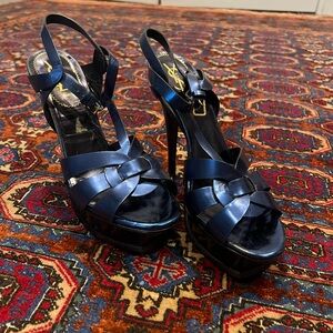 Saint Laurent Navy Blue Metallic Tribute Platform Heels